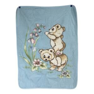 Vintage Blue Yamaken Baby Blanket Plush Teddy Bears Flowers Made In Japan Cute!